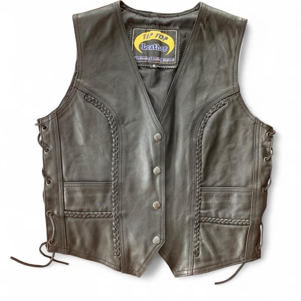 Tip Top Leather Vest size 8 Black lace up sides button snaps v neck